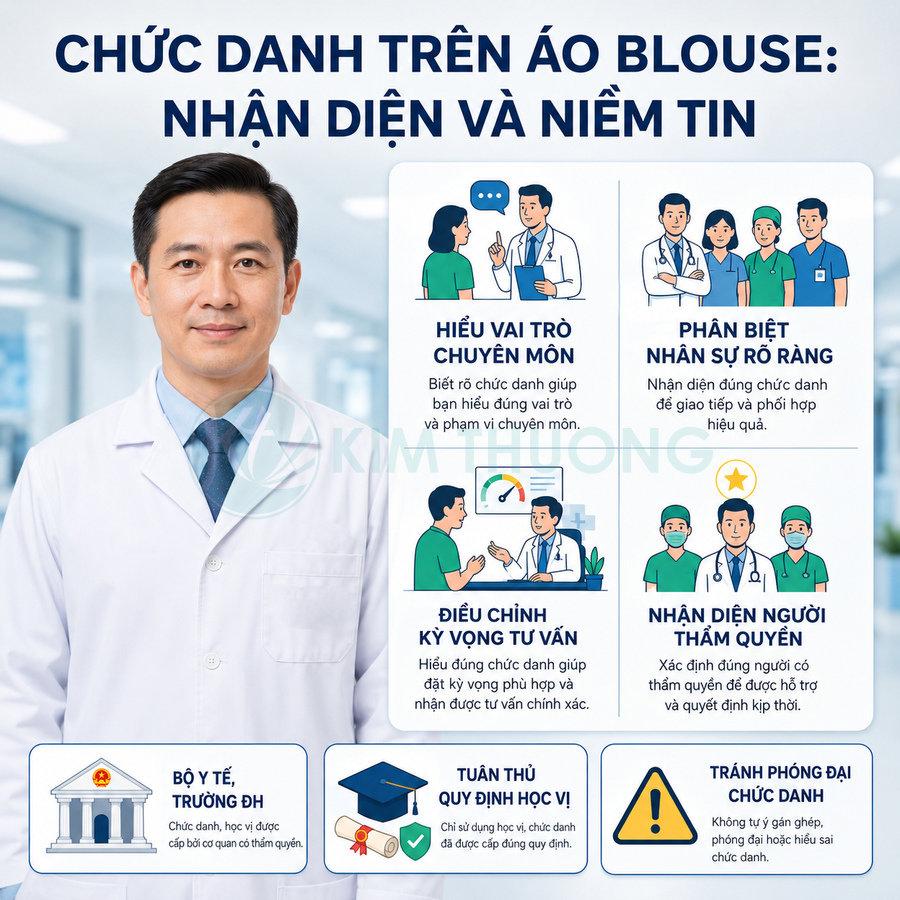 Bác sĩ nam mặc áo blouse trắng đứng trong bệnh viện bên cạnh infographic giải thích ý nghĩa chức danh trên áo blouse