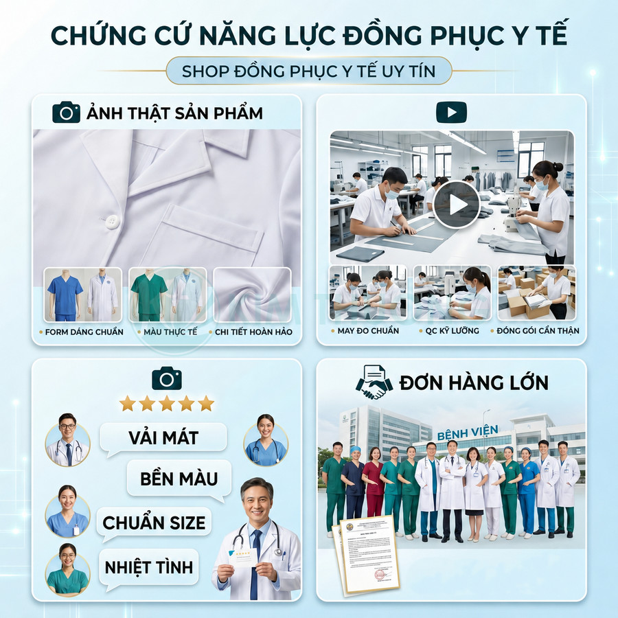 Đồng phục y tế cao cấp cho bác sĩ và y tá, form dáng chuẩn, vải mát bền màu, phù hợp đơn hàng bệnh viện lớn