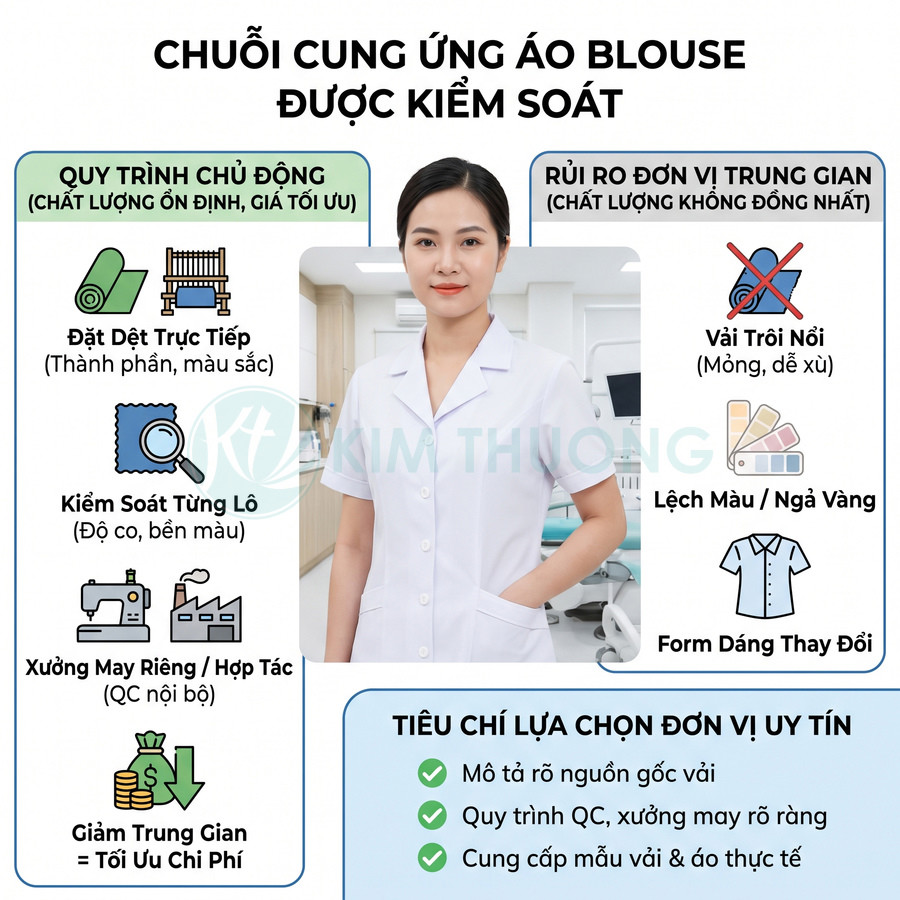 Áo blouse y tế tay ngắn màu trắng, thiết kế cổ bẻ và cài nút phía trước, được người mẫu mặc trong phòng khám