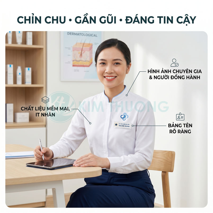 Nhân viên tư vấn da liễu Kim Thương mặc đồng phục trắng, cầm bút và máy tính bảng trong phòng khám sạch sẽ