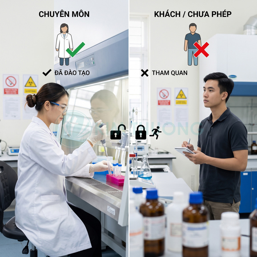 Nhân viên phòng thí nghiệm đã đào tạo thao tác pipet trong tủ an toàn sinh học cạnh khách tham quan đứng ghi chép