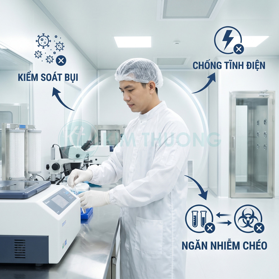 Nhân viên mặc đồ phòng sạch vận hành thiết bị trong môi trường kiểm soát bụi, chống tĩnh điện và ngăn nhiễm chéo