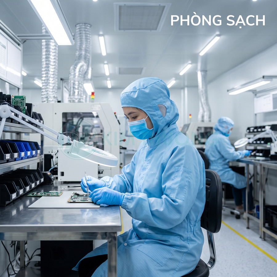 Kỹ thuật viên mặc đồ bảo hộ đang lắp ráp và kiểm tra bảng mạch điện tử trong phòng sạch hiện đại