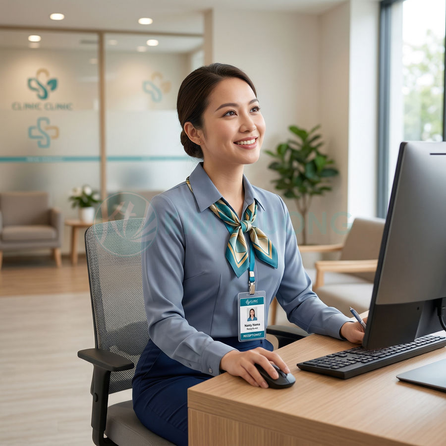 Lễ tân nữ mặc đồng phục ngồi làm việc tại quầy tiếp đón phòng khám hiện đại