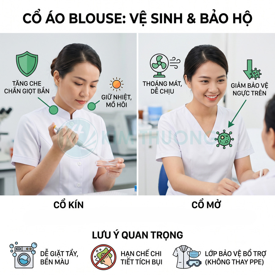 So sánh áo blouse cổ kín và cổ mở cho nhân viên y tế với các lưu ý vệ sinh và bảo hộ