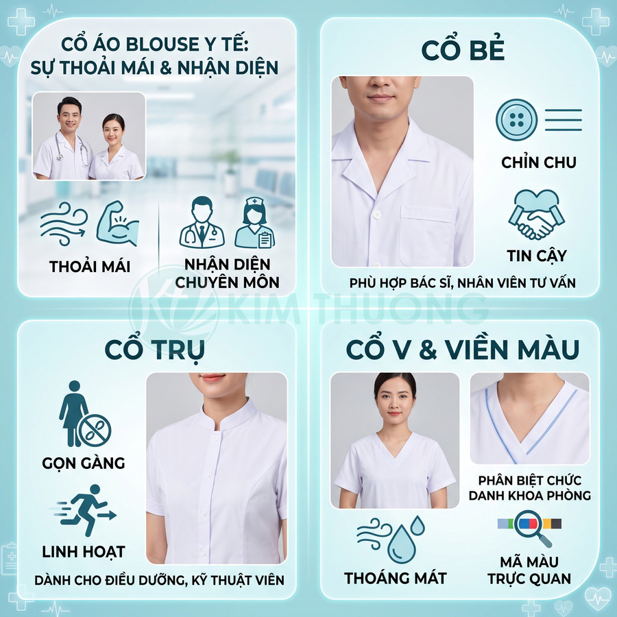 Các kiểu cổ áo blouse y tế trắng cho bác sĩ, điều dưỡng, kỹ thuật viên với thiết kế thoải mái, gọn gàng
