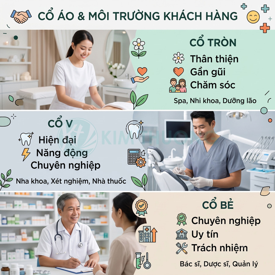 Bảng so sánh đồng phục cổ tròn, cổ V, cổ bẻ cho nhân viên y tế, nha khoa, spa và bác sĩ trong môi trường khách hàng