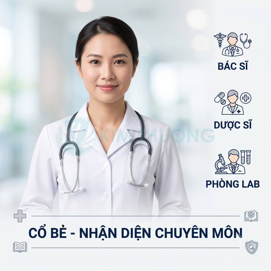 Nữ bác sĩ mặc áo blouse trắng đeo ống nghe, minh họa nhận diện chuyên môn bác sĩ dược sĩ phòng lab