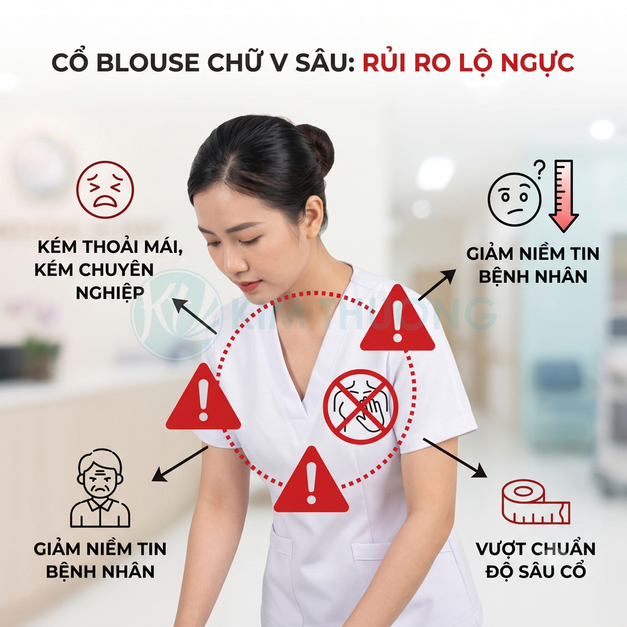 Nữ y tá mặc áo blouse cổ chữ V sâu màu trắng với cảnh báo rủi ro lộ ngực và giảm niềm tin bệnh nhân
