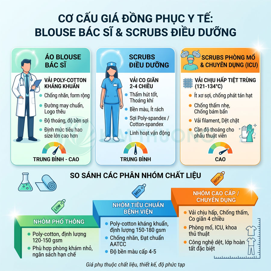 Infographic so sánh chất liệu và giá đồng phục y tế áo blouse bác sĩ và scrubs điều dưỡng, phòng mổ