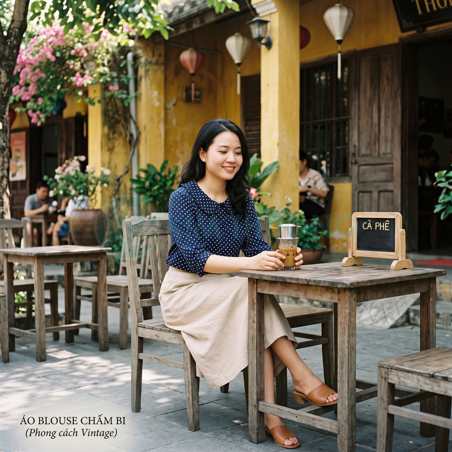 Áo blouse chấm bi phong cách vintage màu xanh navy phối chân váy be tại quán cà phê ngoài trời
