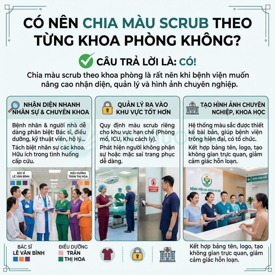 Poster giải thích lợi ích chia màu đồng phục scrub theo từng khoa phòng trong bệnh viện, kèm hình bác sĩ điều dưỡng