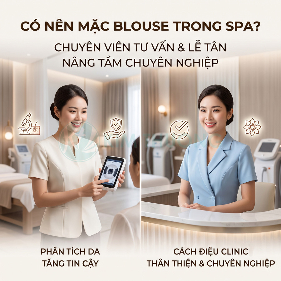 Nhân viên spa mặc đồng phục blouse tư vấn phân tích da và đón tiếp khách tại quầy lễ tân chuyên nghiệp
