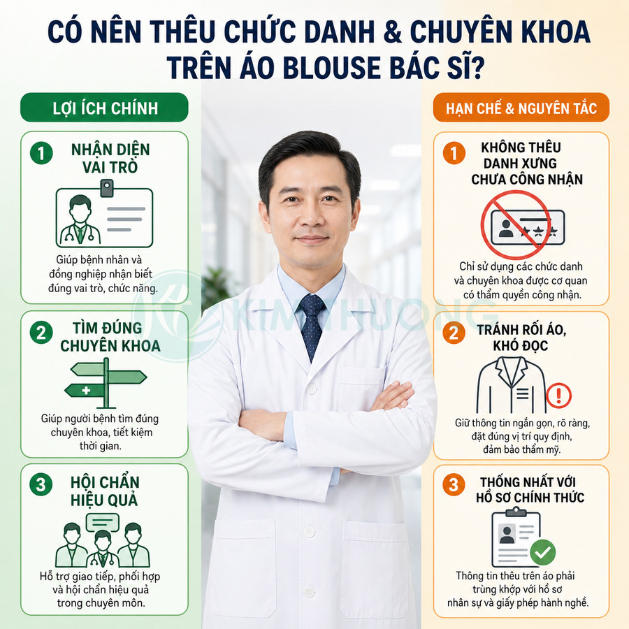 Bác sĩ nam mặc áo blouse trắng đứng giữa poster hướng dẫn thêu chức danh và chuyên khoa trên áo bác sĩ