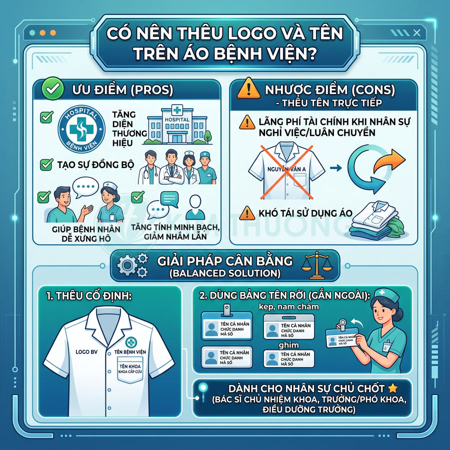 Infographic ưu nhược điểm thêu logo và tên trên áo bệnh viện và giải pháp dùng bảng tên rời cho nhân viên y tế