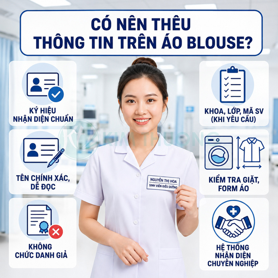 Nữ sinh viên y khoa mặc áo blouse trắng cầm bảng tên thêu thông tin rõ ràng trên ngực áo
