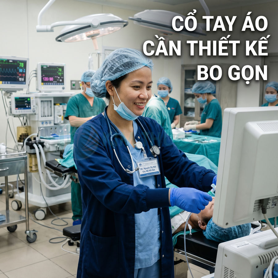 Bác sĩ mặc áo blouse cổ tay bo gọn thao tác trên máy theo dõi trong phòng phẫu thuật