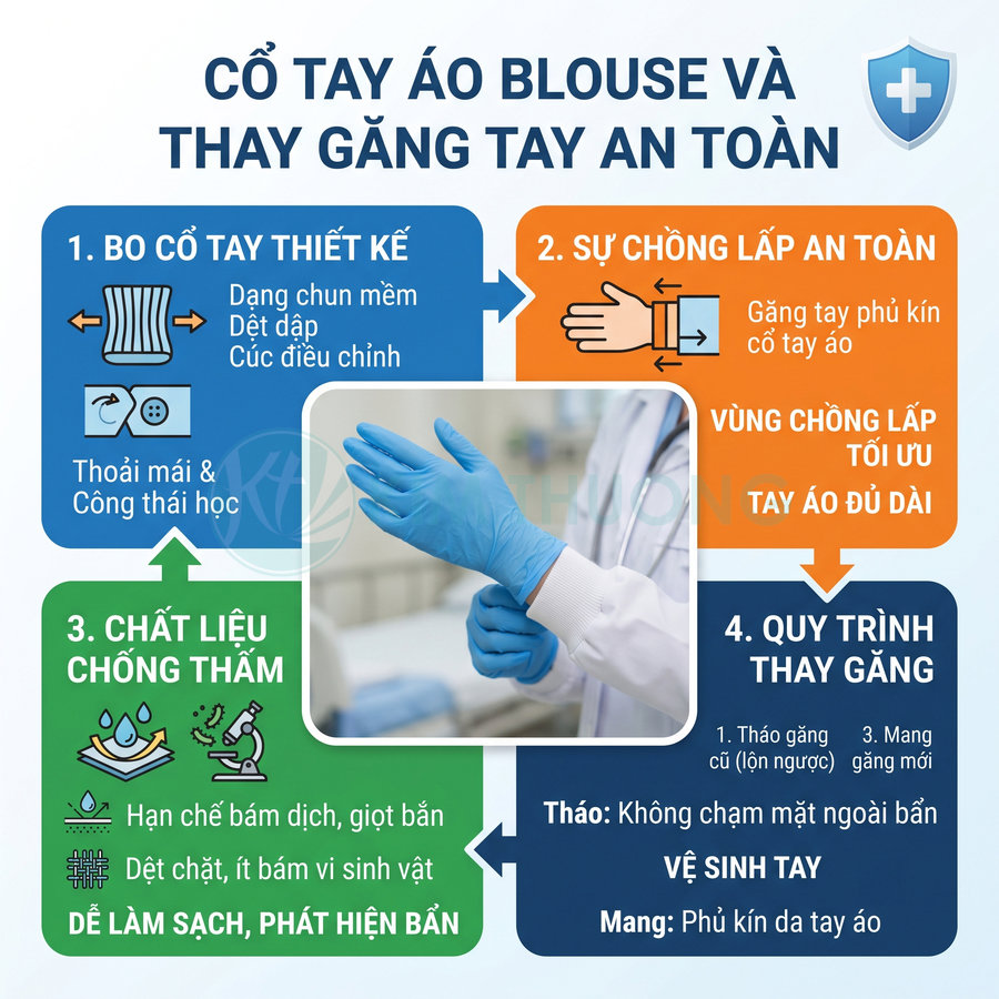 Bác sĩ mặc áo blouse trắng đang đeo găng tay y tế cao su màu xanh dương an toàn vệ sinh