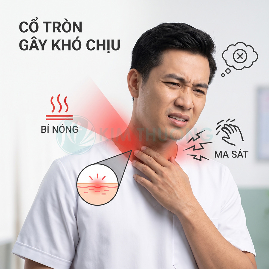 Người đàn ông mặc áo cổ tròn bị bí nóng ma sát gây khó chịu và kích ứng da cổ