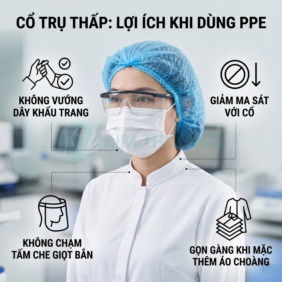 Nhân viên y tế mặc áo blouse cổ trụ thấp, đội mũ, đeo kính bảo hộ và khẩu trang trong phòng thí nghiệm