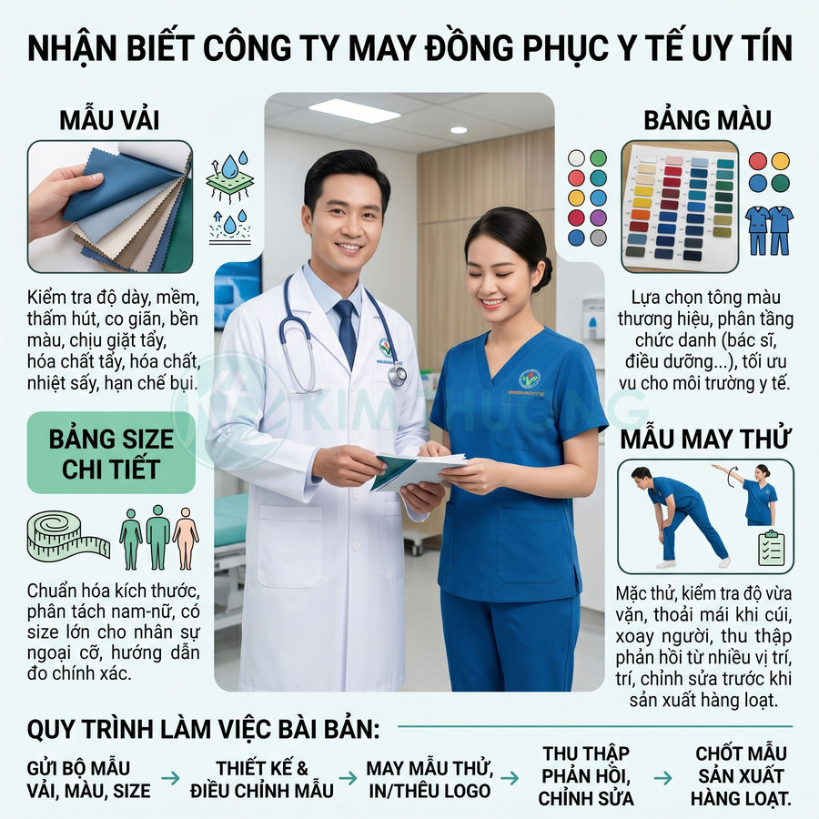 Bộ đồng phục y tế màu xanh và áo blouse trắng cho bác sĩ, điều dưỡng trong phòng khám hiện đại