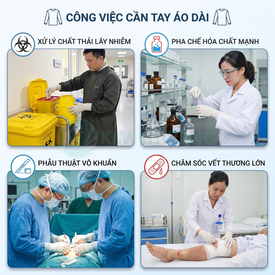 Nhân viên y tế mặc áo choàng tay dài làm việc với chất thải, hóa chất, phẫu thuật và chăm sóc vết thương