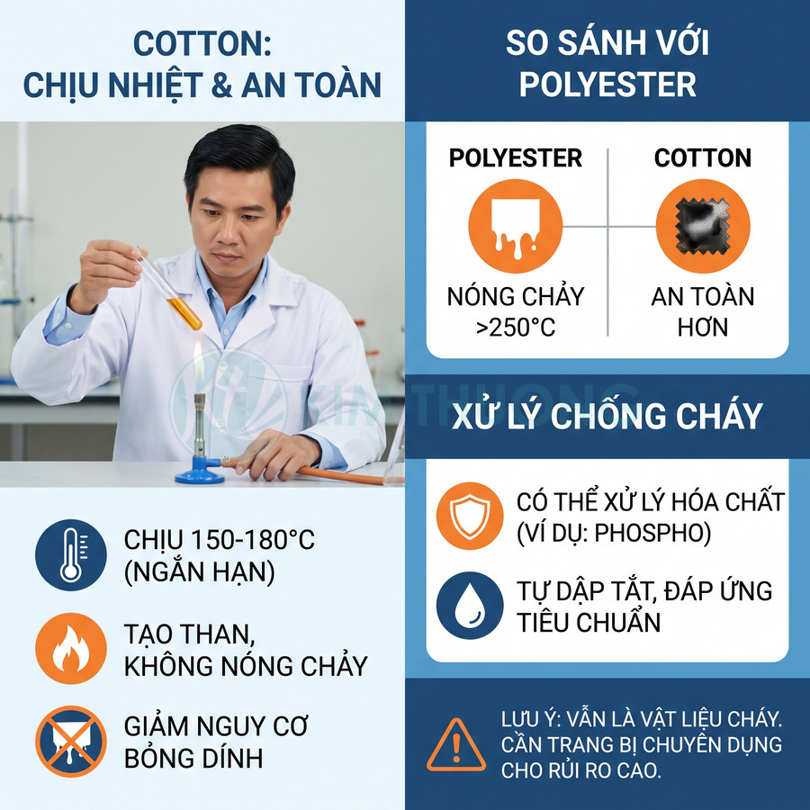 Vải cotton chịu nhiệt ngắn hạn 150–180°C và có thể xử lý chống cháy, trong khi polyester nóng chảy trên 250°C.