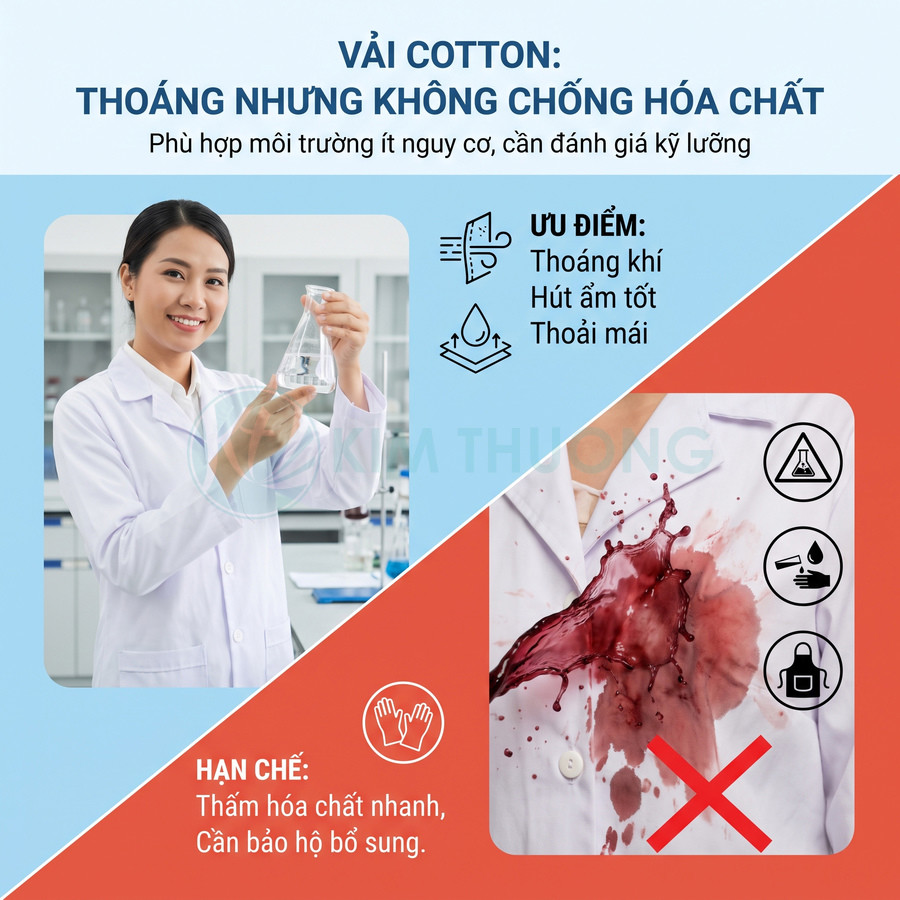 Vải cotton thoáng khí, hút ẩm tốt nhưng thấm hóa chất nhanh và cần bảo hộ bổ sung