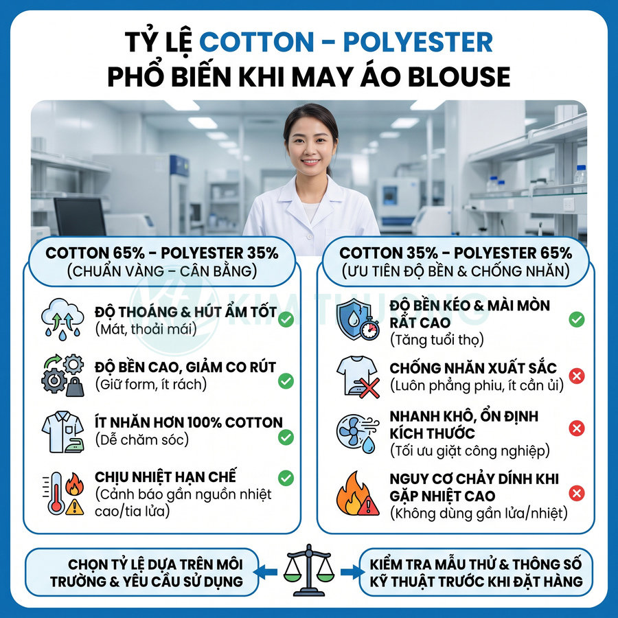 Tỷ lệ vải cotton polyester phổ biến khi may áo blouse: 65/35 hoặc 35/65 tùy nhu cầu sử dụng