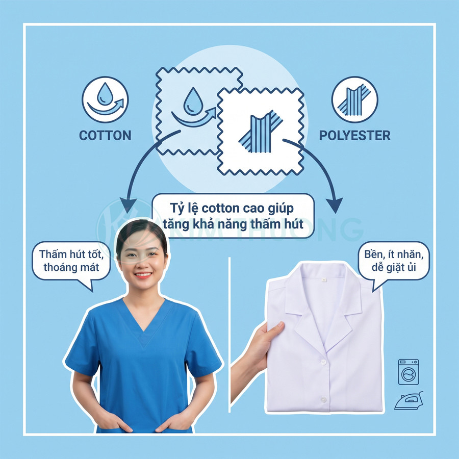 Áo blouse trắng và đồng phục y tế xanh với chất liệu cotton thấm hút, polyester bền ít nhăn, dễ giặt ủi