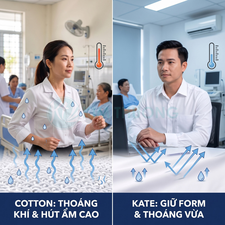 So sánh vải cotton thoáng khí, hút ẩm cao với vải kate giữ form và thoáng vừa qua áo blouse trắng.