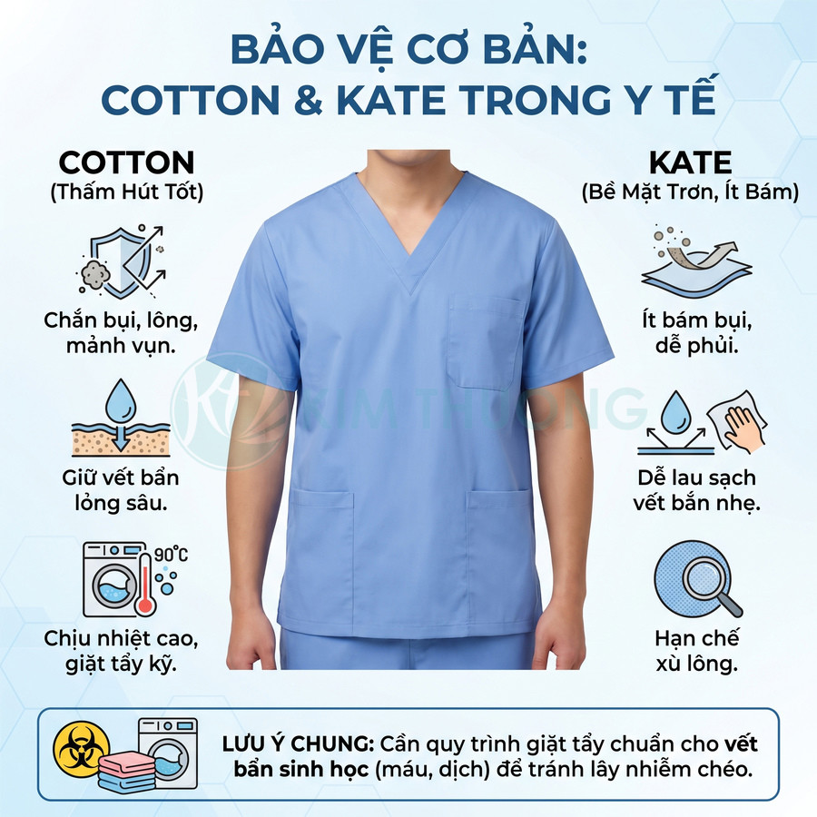 Áo đồng phục y tế màu xanh cổ tim, minh họa đặc tính vải cotton và kate.
