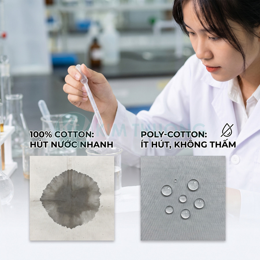 So sánh khả năng hút nước của vải cotton 100% và vải pha poly-cotton trên mẫu thử nghiệm chất lỏng