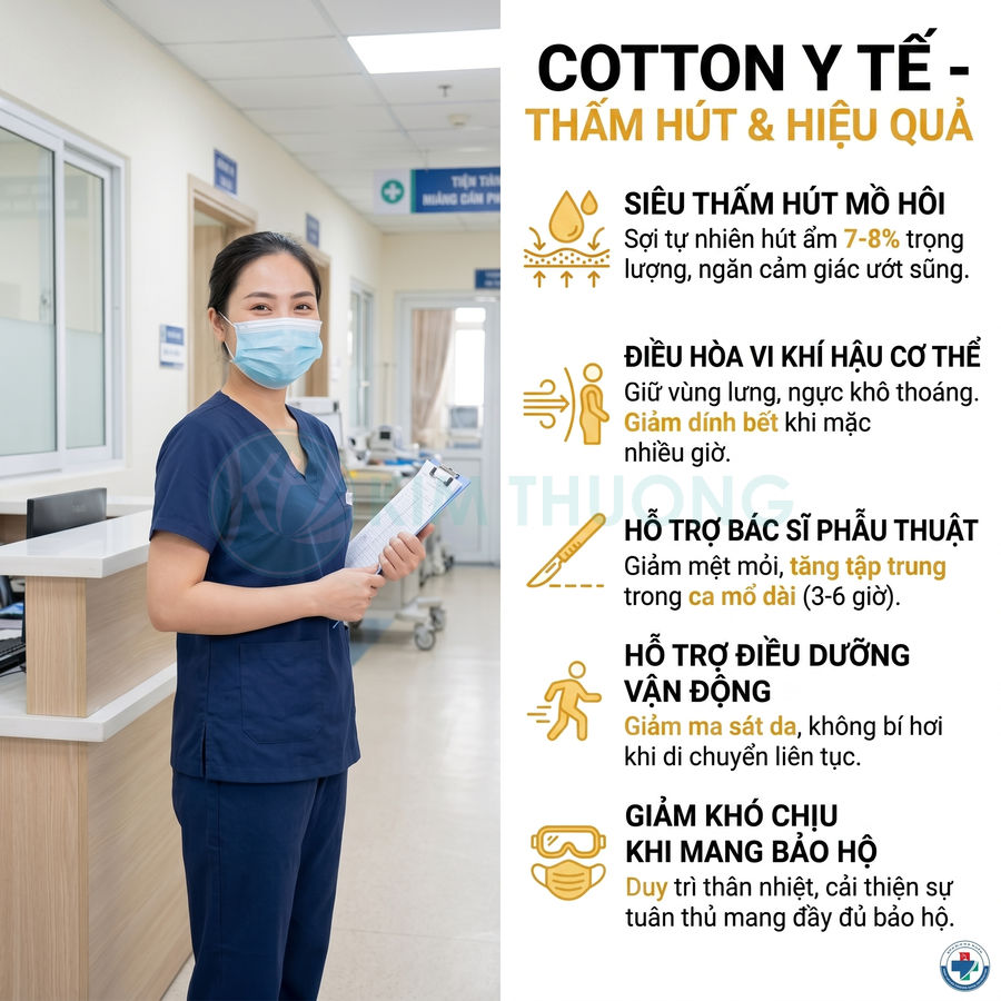 Đồng phục cotton y tế thấm hút mồ hôi tốt cho bác sĩ điều dưỡng, giúp điều hòa nhiệt và giảm khó chịu khi làm việc lâu
