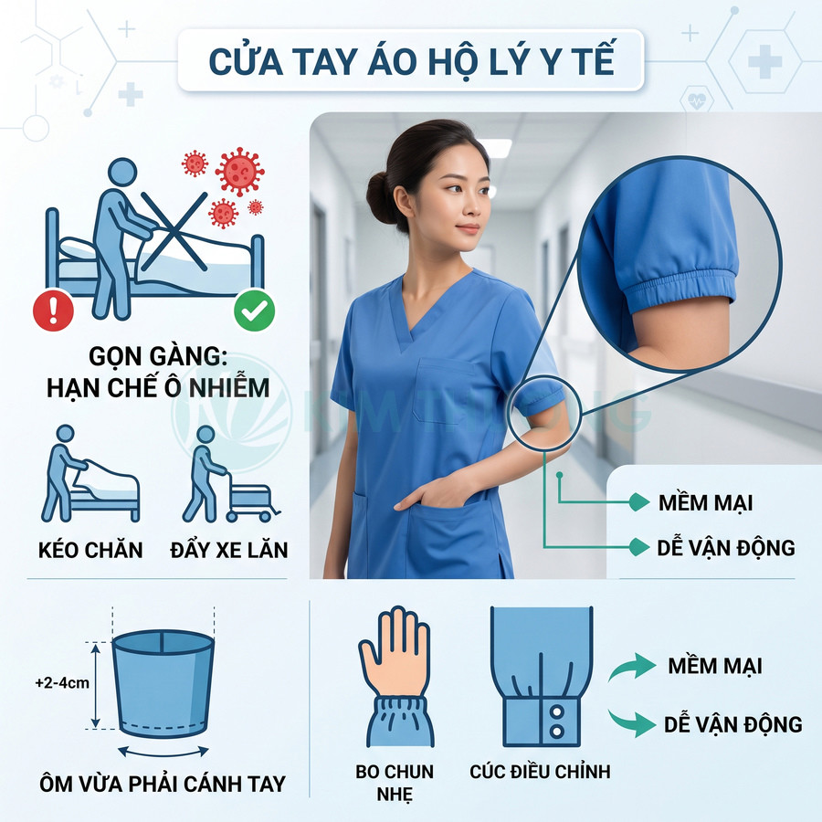 Cửa tay áo hộ lý y tế màu xanh bo chun mềm mại ôm tay, dễ vận động và hạn chế ô nhiễm trong bệnh viện
