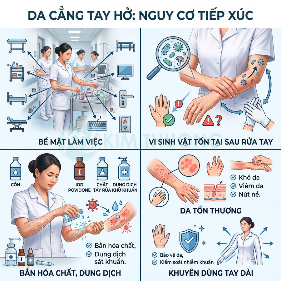 Minh họa nguy cơ da tay hở của nhân viên y tế khi tiếp xúc hóa chất, vi sinh vật và khuyến nghị dùng áo tay dài