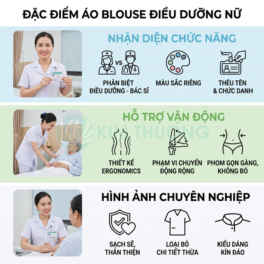 Áo blouse điều dưỡng nữ màu trắng thiết kế gọn gàng hỗ trợ vận động và tạo hình ảnh chuyên nghiệp