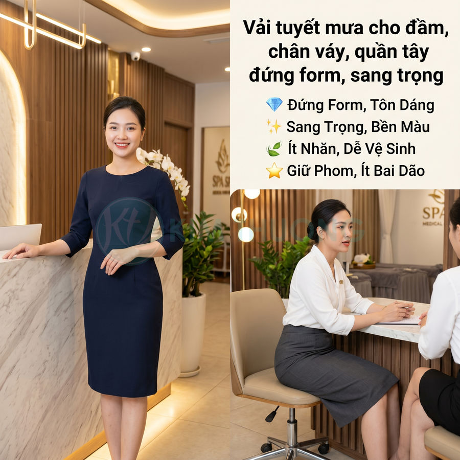 Nhân viên spa mặc đồng phục váy liền và chân váy công sở vải tuyết mưa sang trọng, đứng form