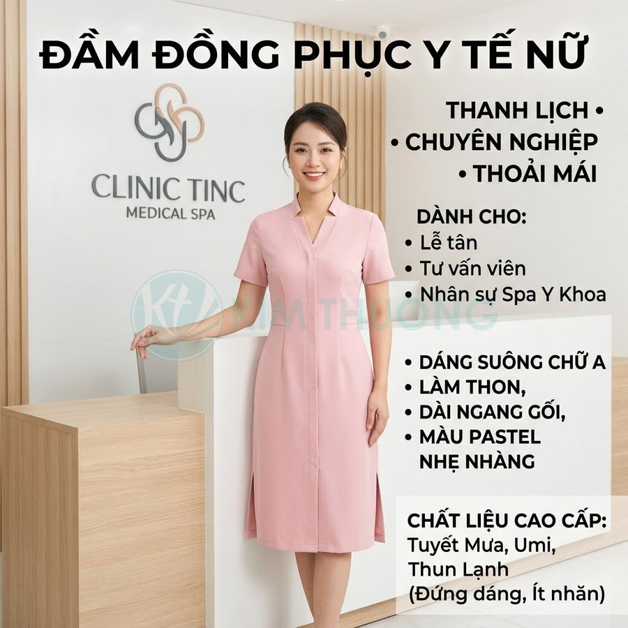 Đầm đồng phục y tế nữ màu hồng pastel dáng suông chữ A cho lễ tân spa, chất liệu cao cấp, phong cách thanh lịch