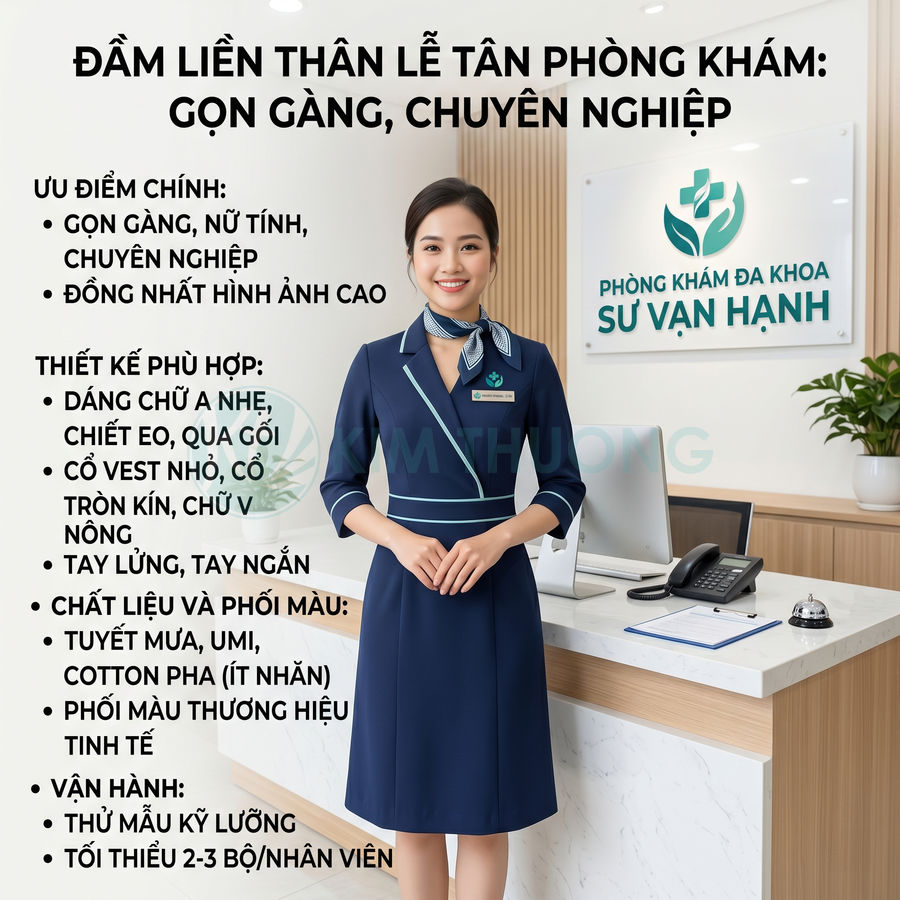 Đầm đồng phục lễ tân màu xanh navy cho phòng khám đa khoa Sư Vạn Hạnh, thiết kế lịch sự chuyên nghiệp