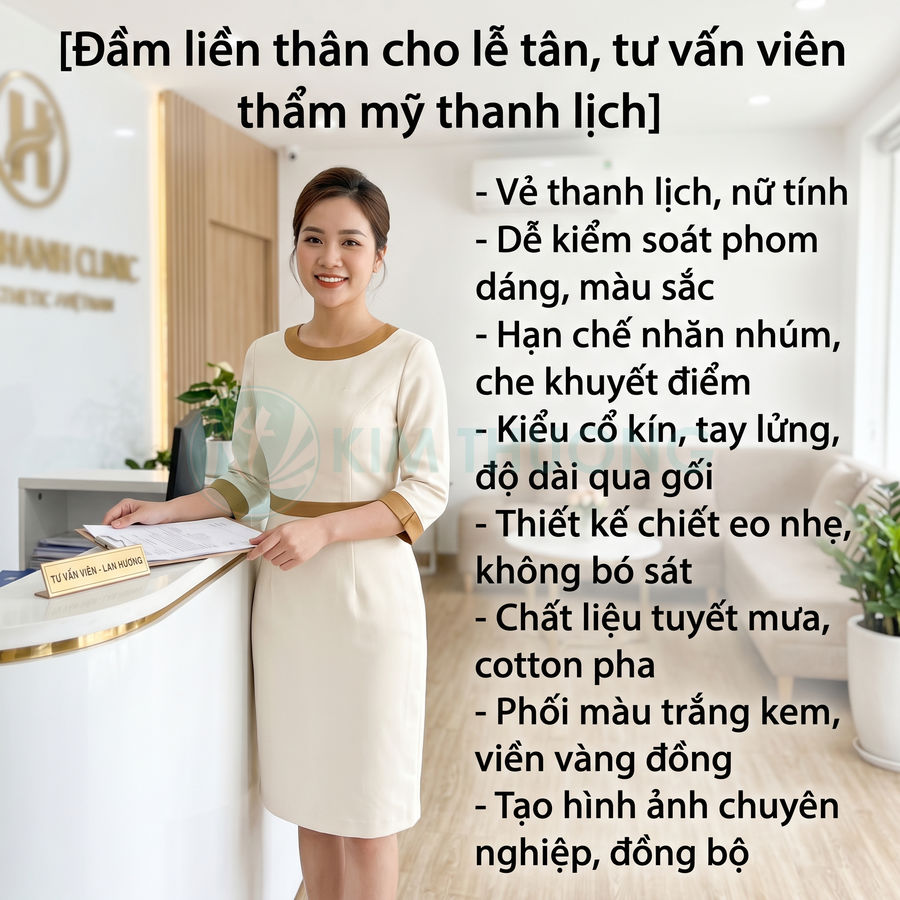 Đầm liền thân màu trắng kem viền vàng đồng cho lễ tân tư vấn viên thẩm mỹ, thiết kế cổ kín tay lửng qua gối