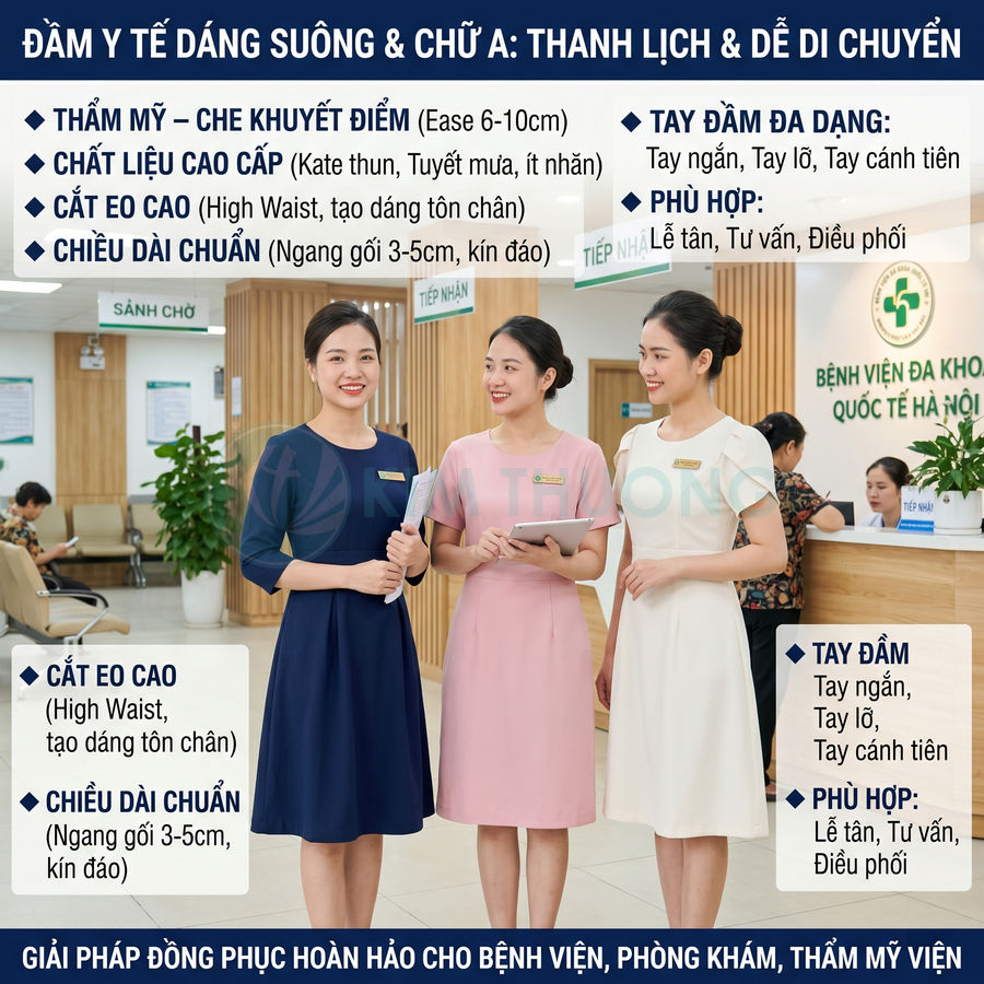 Đầm y tế dáng suông chữ A cao cấp cho lễ tân bệnh viện, màu xanh navy hồng và trắng, thiết kế thanh lịch