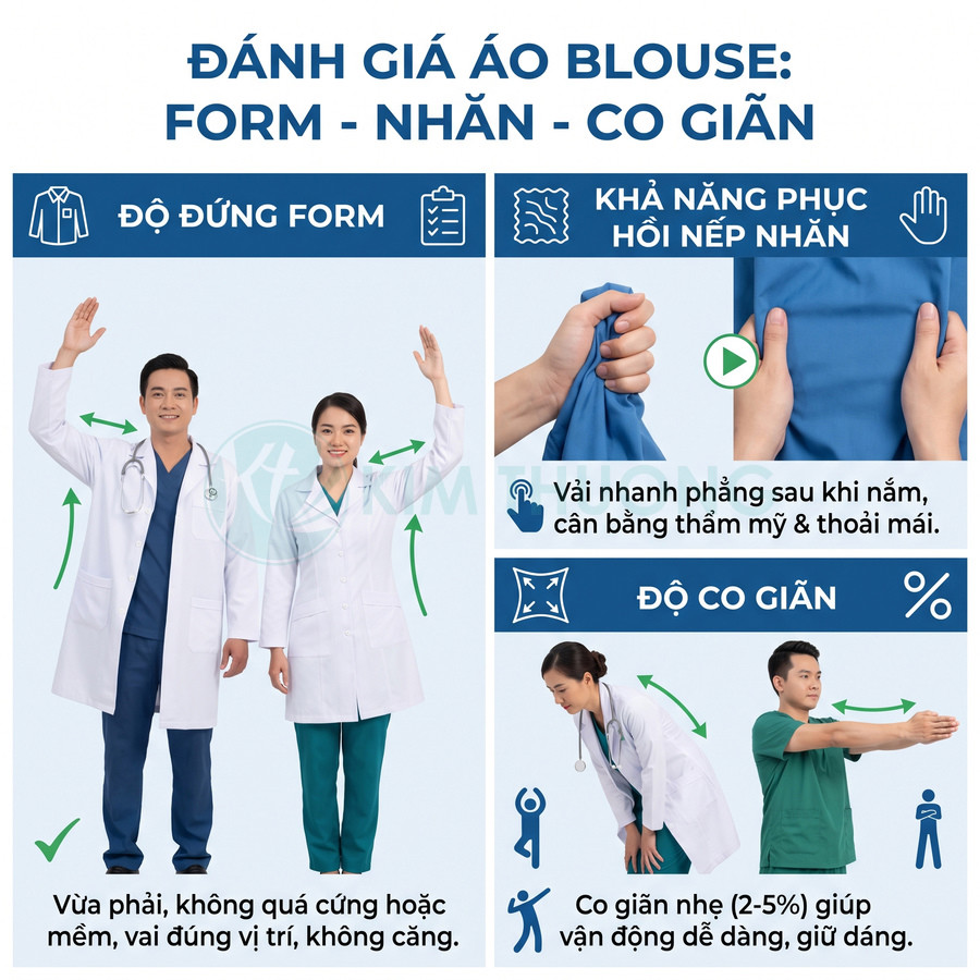 Áo blouse bác sĩ màu trắng, form vừa vặn, vải nhanh phẳng và co giãn nhẹ giúp vận động thoải mái