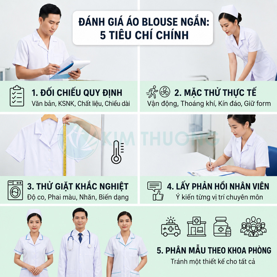 Áo blouse ngắn cho bác sĩ và y tá màu trắng, thiết kế kín đáo, thoáng mát, phù hợp môi trường bệnh viện