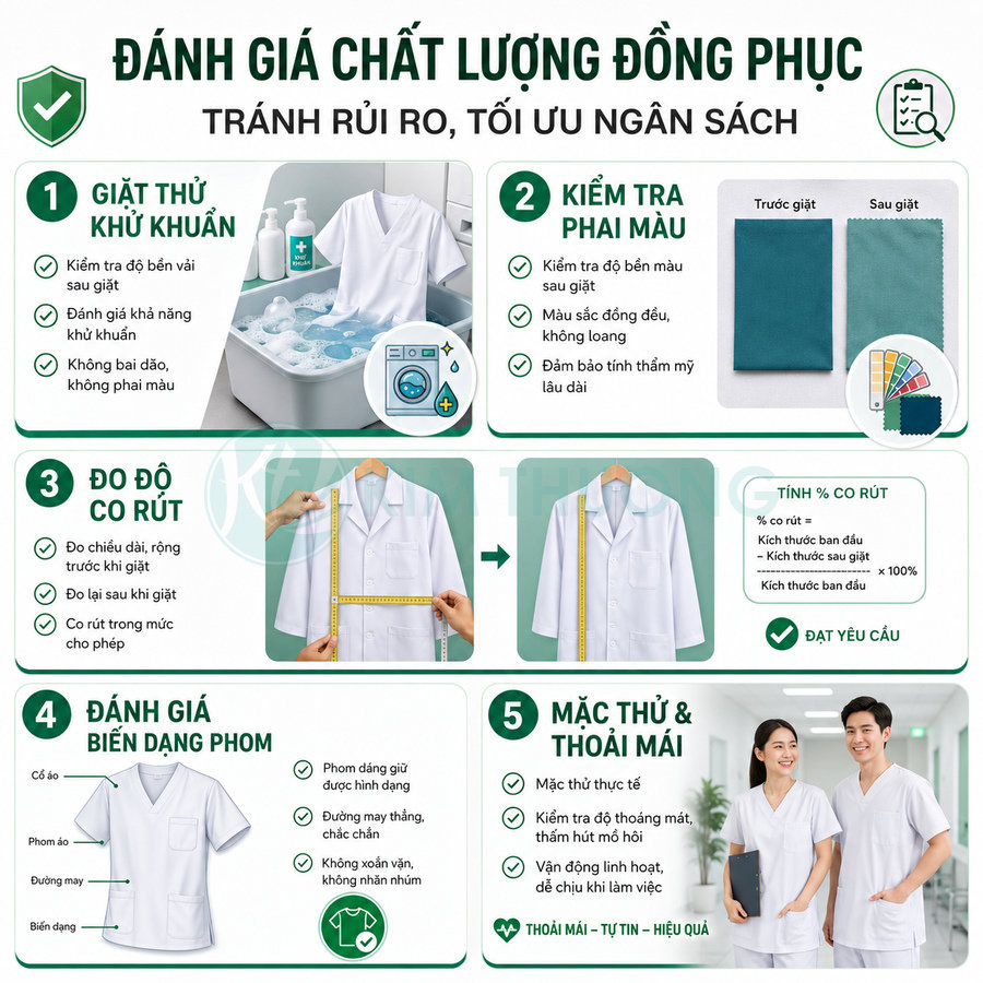 Hướng dẫn đánh giá chất lượng đồng phục y tế trắng từ giặt thử, đo co rút đến mặc thử thoải mái