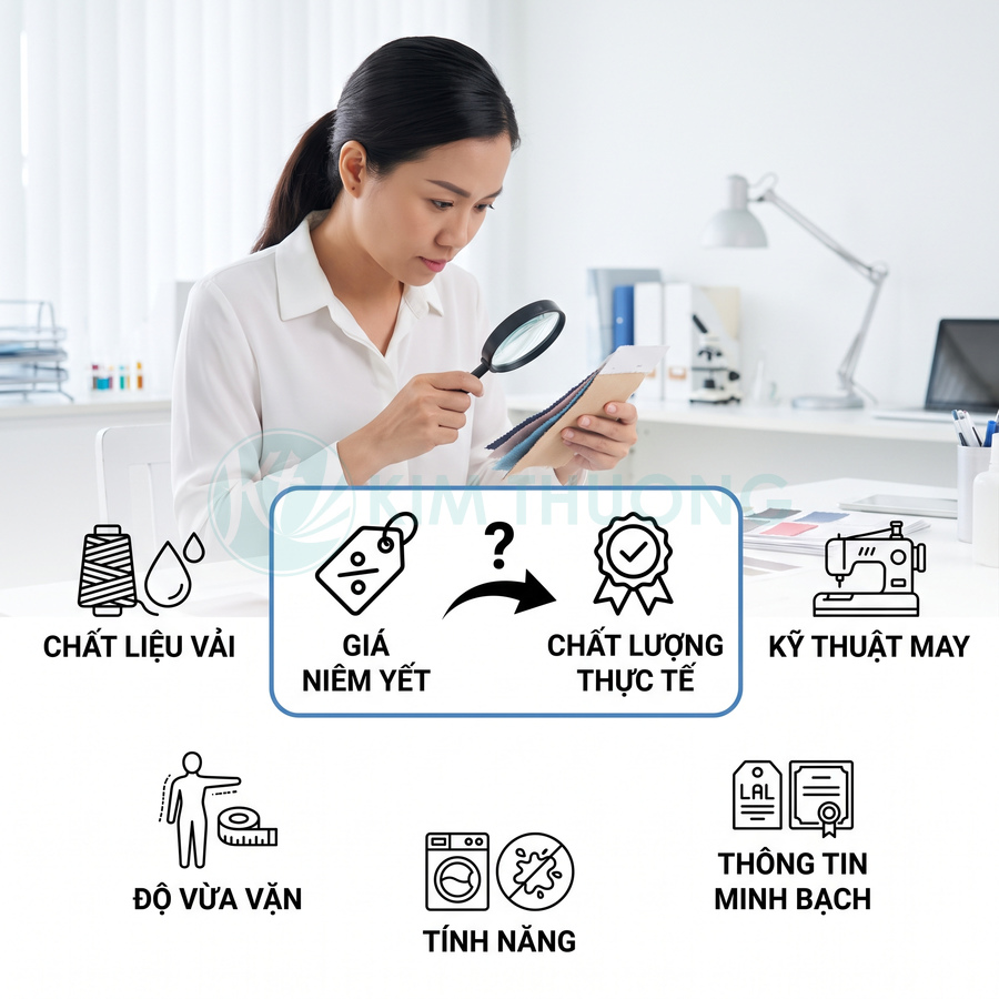 Người phụ nữ kiểm tra chất liệu vải với các tiêu chí đánh giá quần áo như giá, chất lượng, đường may và độ vừa vặn
