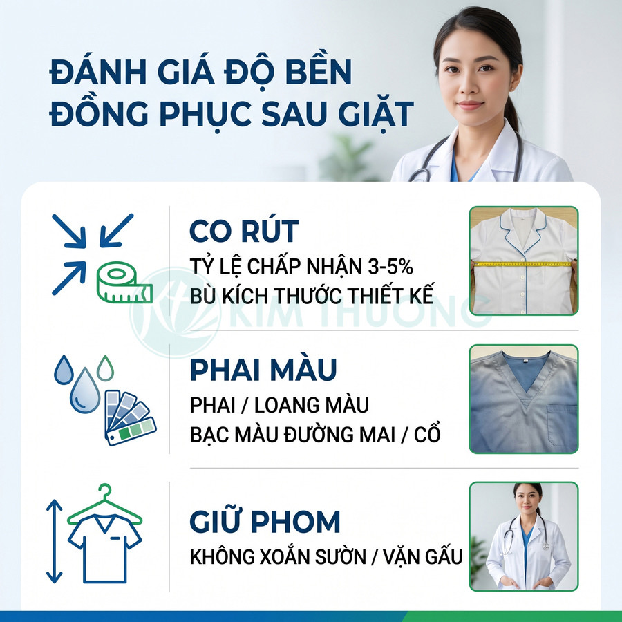 Đánh giá độ bền đồng phục y tế sau giặt về co rút, phai màu và giữ phom cho bác sĩ, y tá