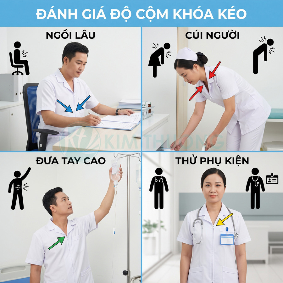 Đồng phục y tá bác sĩ màu trắng với khóa kéo được thử nghiệm khi ngồi lâu cúi người đưa tay cao và đeo phụ kiện