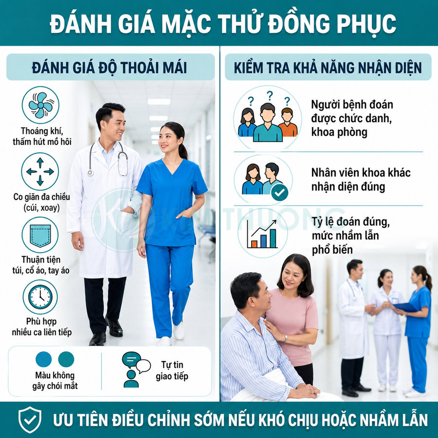 Bộ đồng phục bác sĩ áo blouse trắng và điều dưỡng scrubs xanh dương trong bệnh viện hiện đại