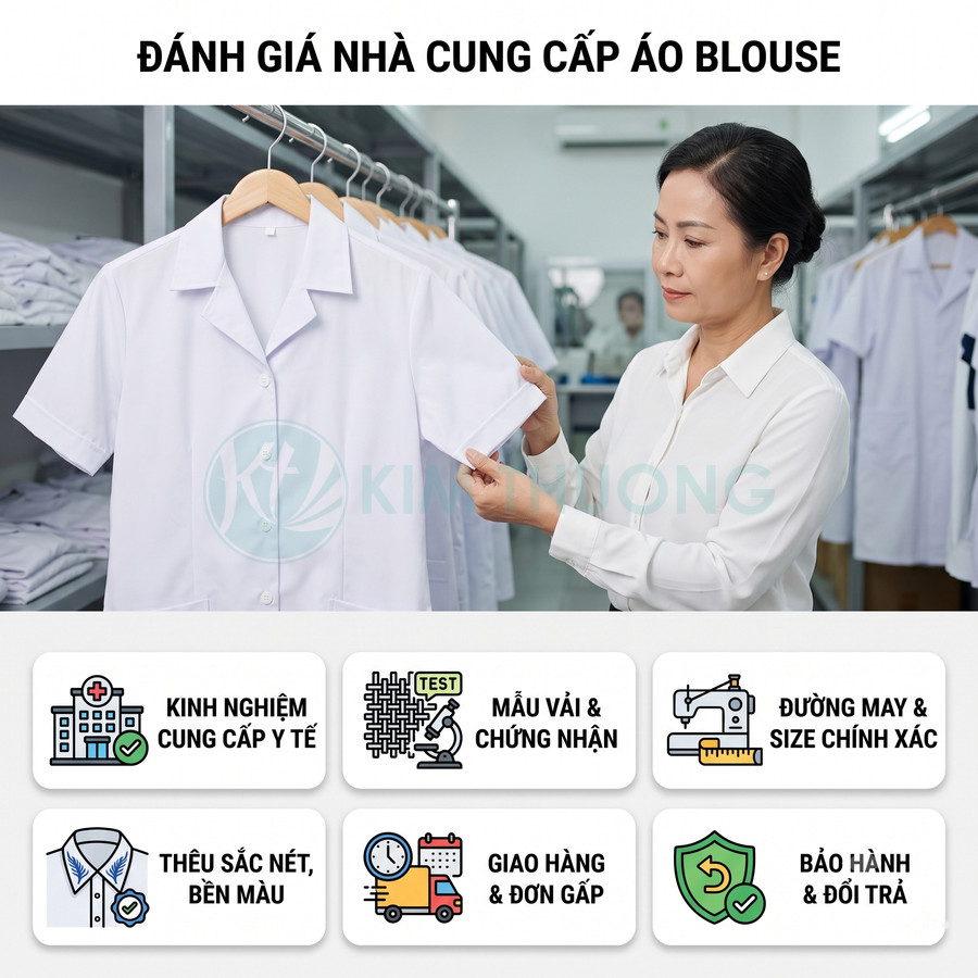 Nhân viên kiểm tra áo blouse trắng treo trên móc trong kho, giới thiệu tiêu chí chọn nhà cung cấp áo blouse